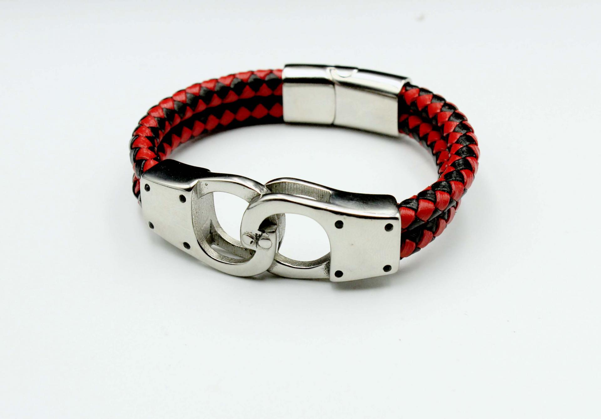 Handcuff Design Leather & Steel Red & Black Bracelet.