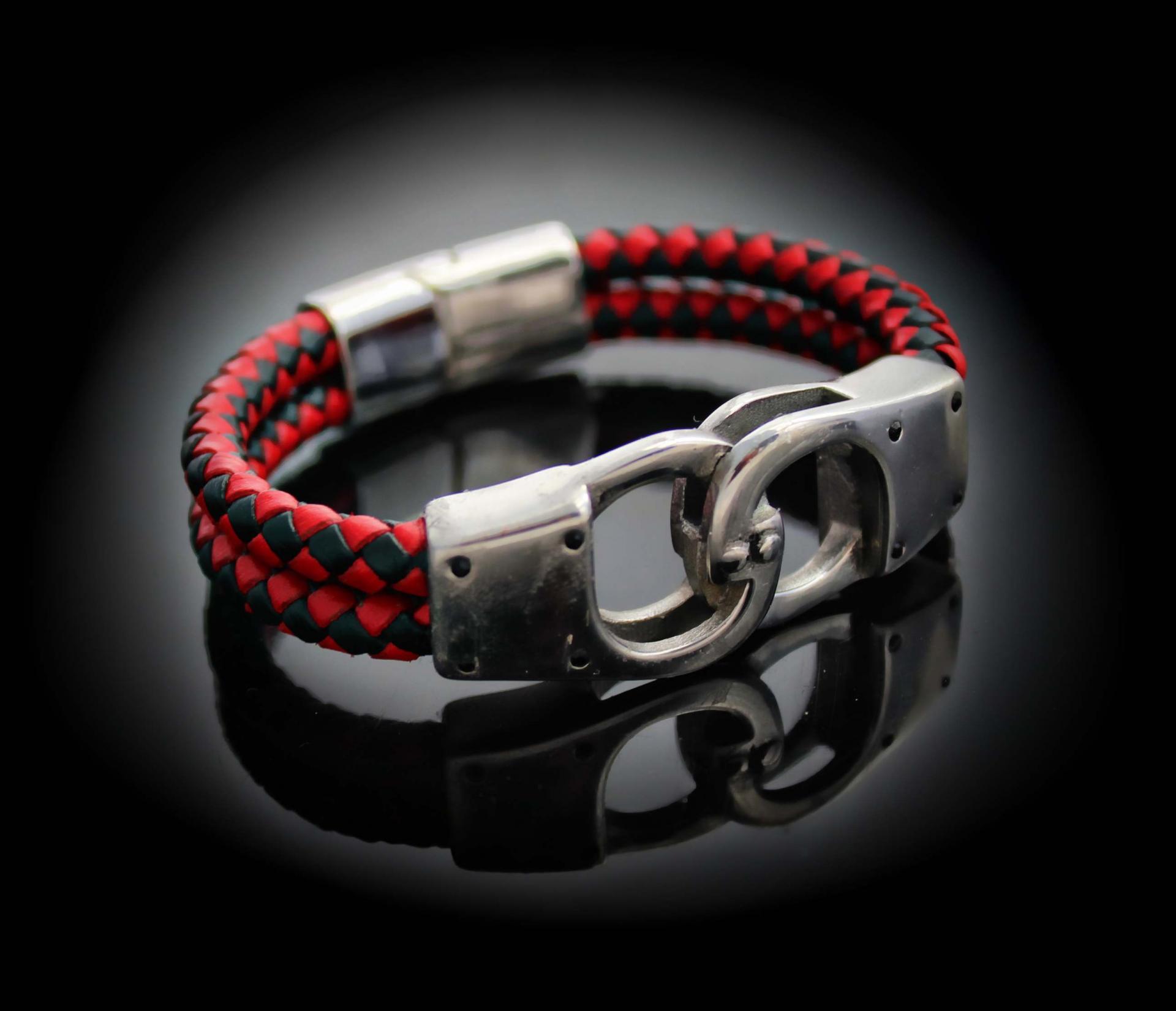 Handcuff Design Leather & Steel Red & Black Bracelet.