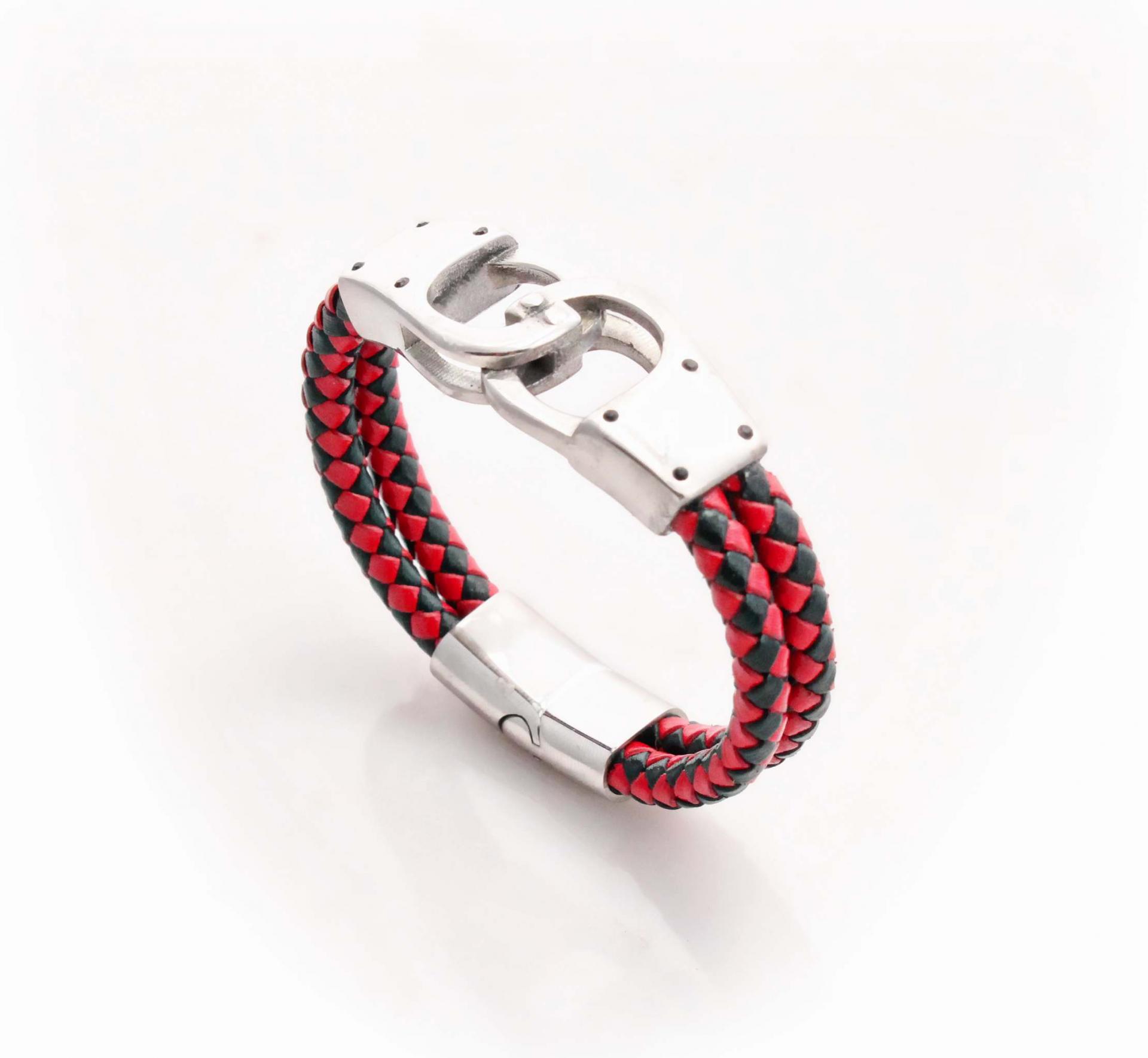 Handcuff Design Leather & Steel Red & Black Bracelet.