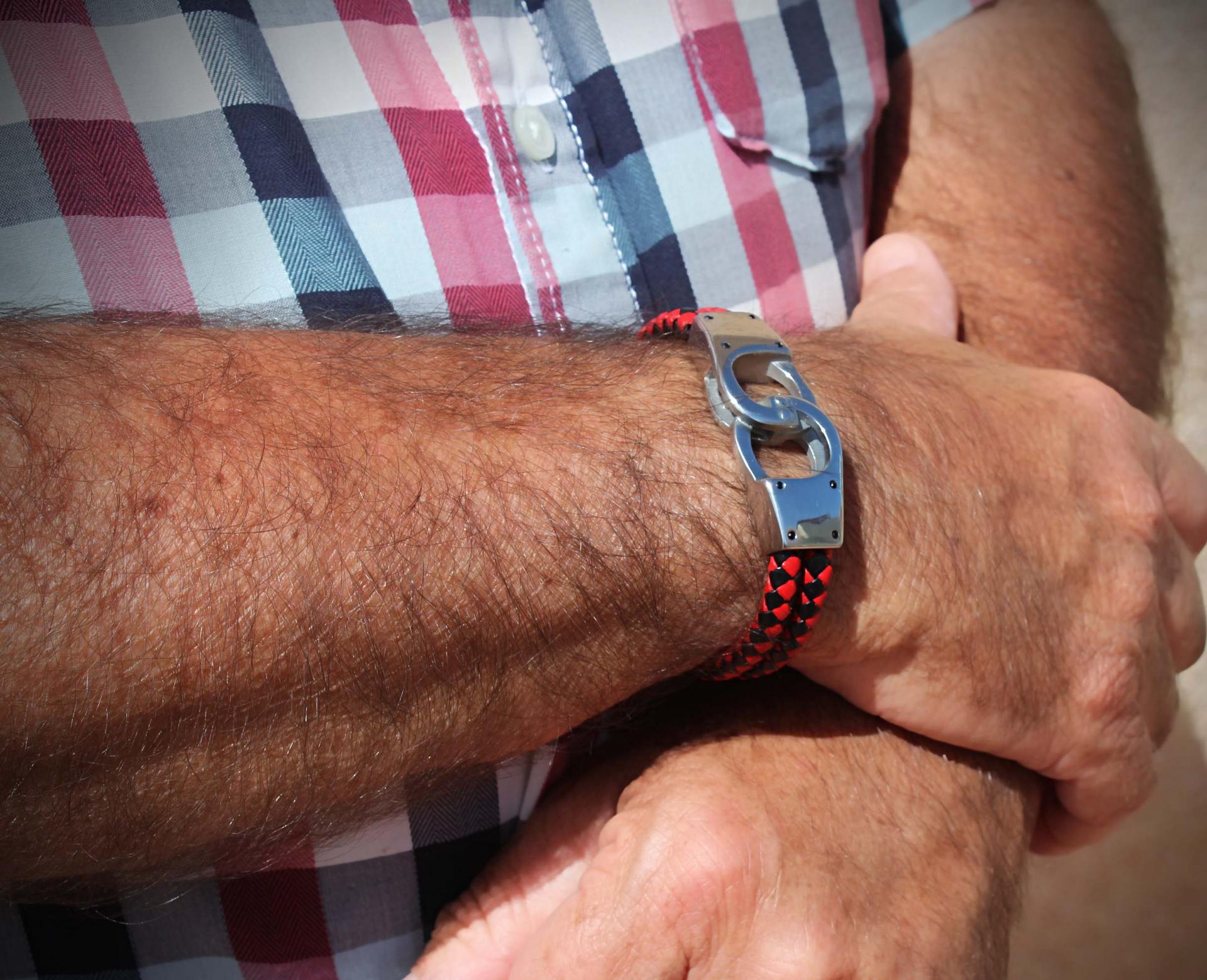 Handcuff Design Leather & Steel Red & Black Bracelet.