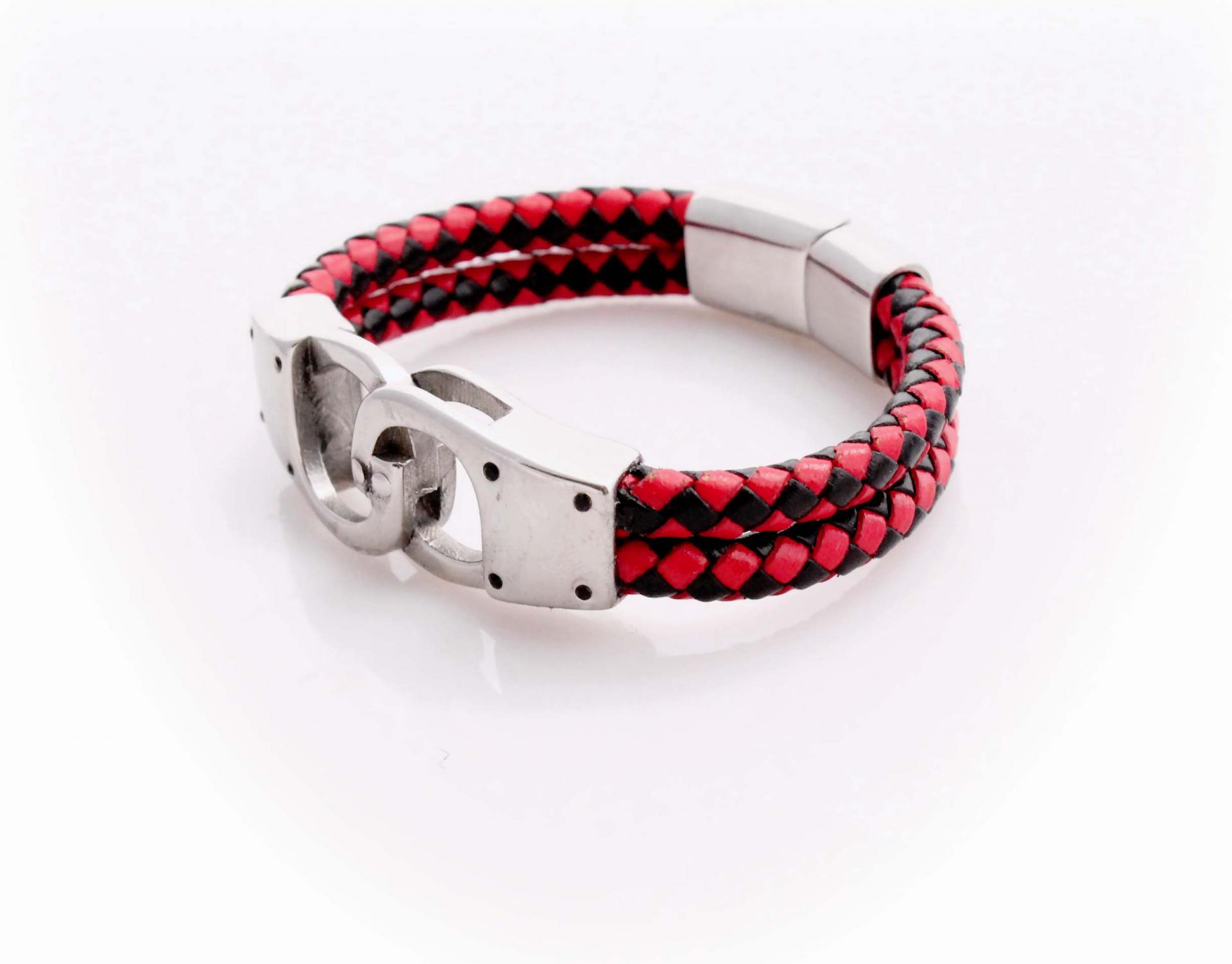 Handcuff Design Leather & Steel Red & Black Bracelet.