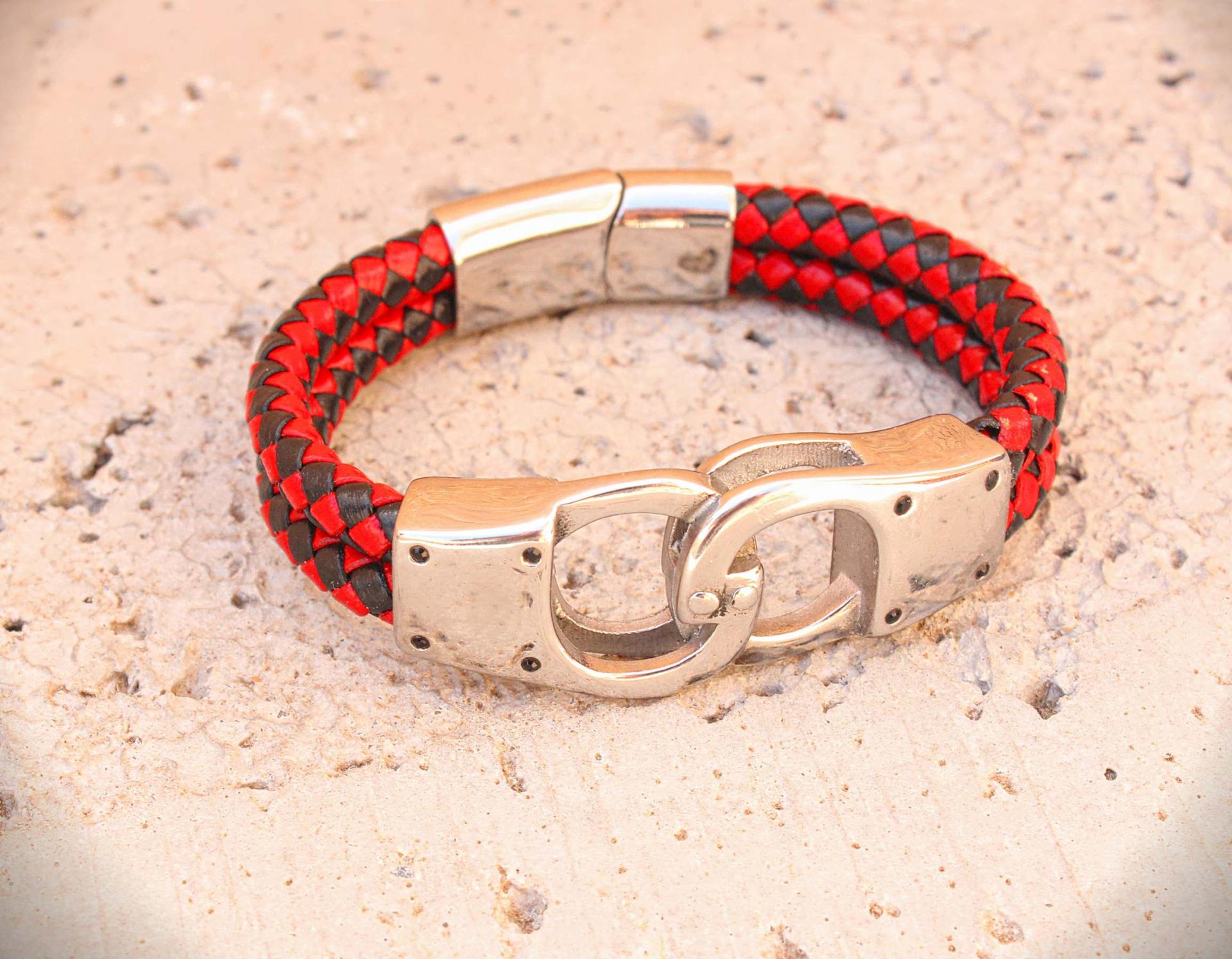 Handcuff Design Leather & Steel Red & Black Bracelet.