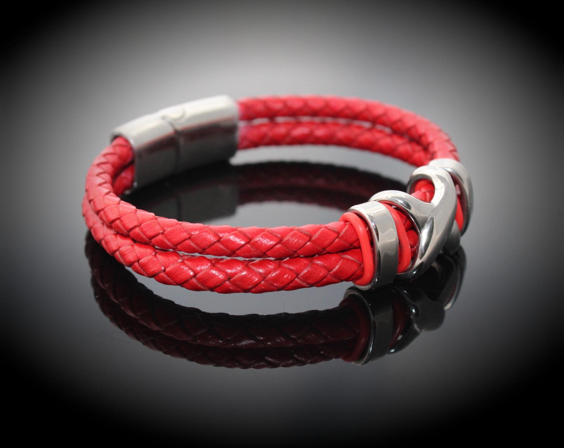 Red Double Layer Leather & Steel Bracelet - Customisable