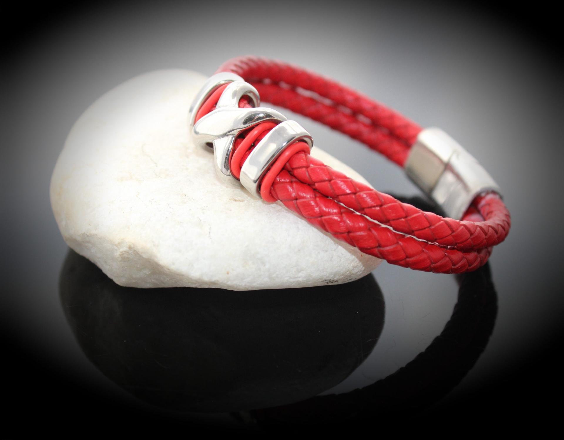 Red Double Layer Leather & Steel Bracelet - Customisable