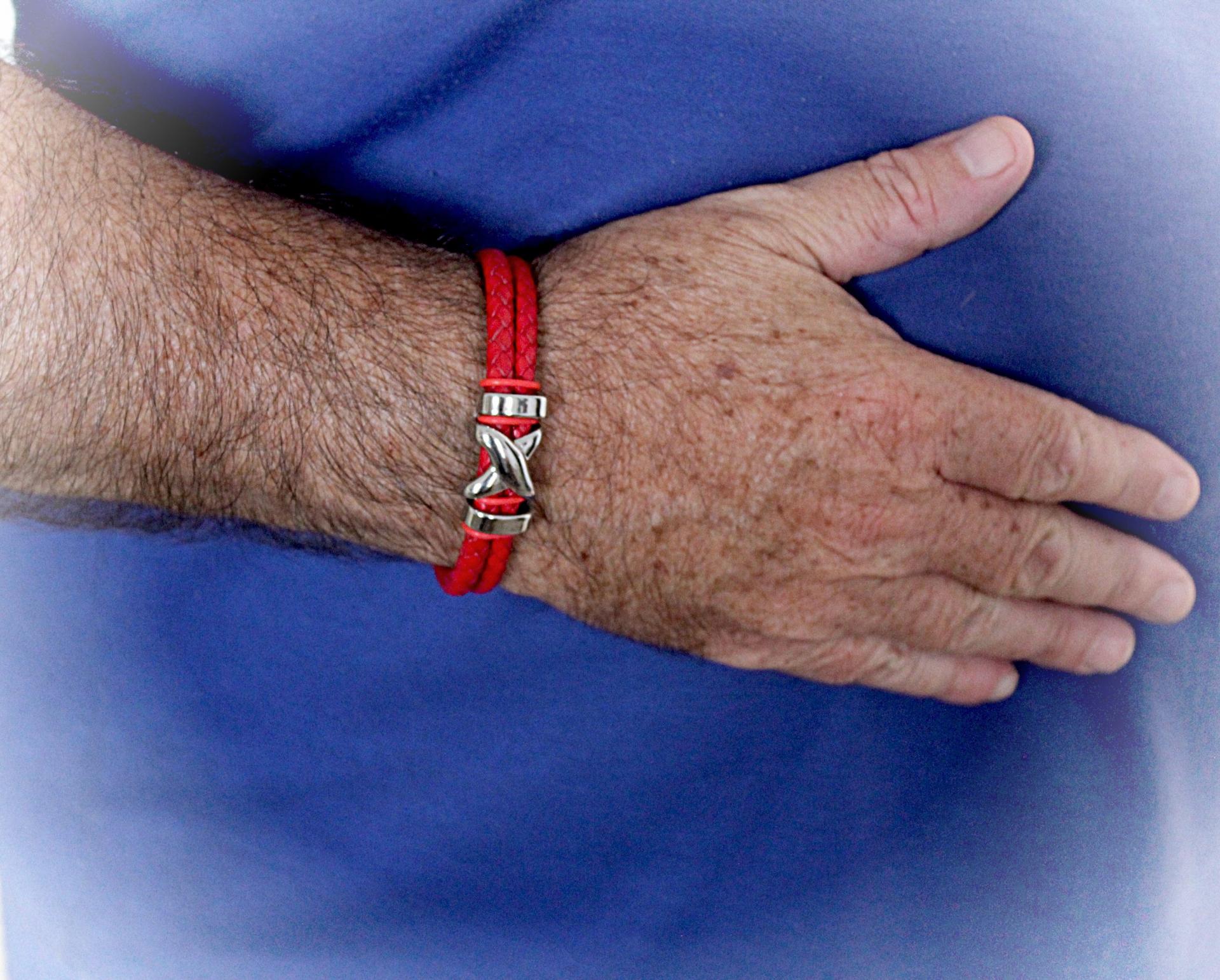 Red Double Layer Leather & Steel Bracelet - Customisable