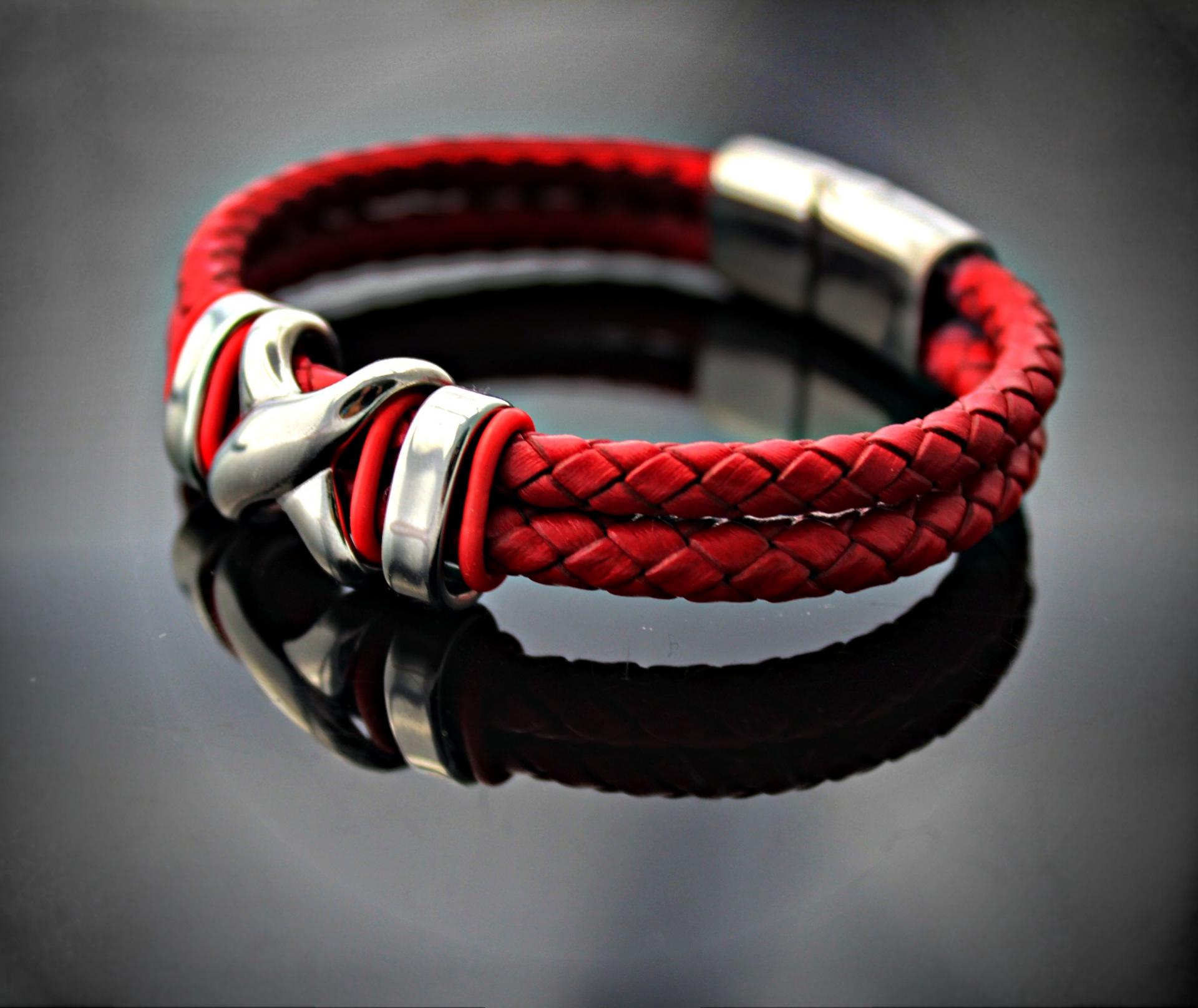 Red Double Layer Leather & Steel Bracelet - Customisable