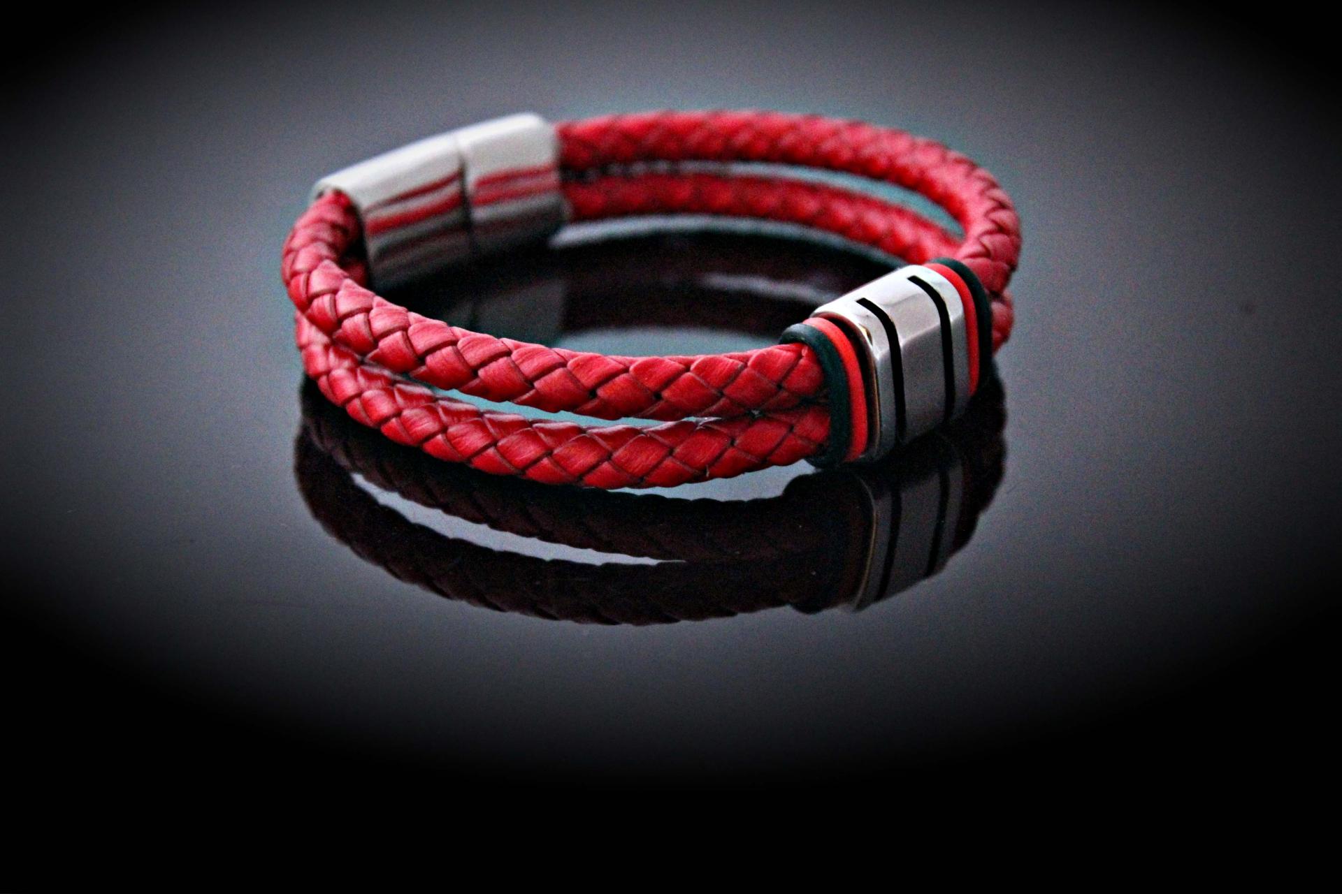 Red Multi Layer Leather & Steel Bracelet - Customisable