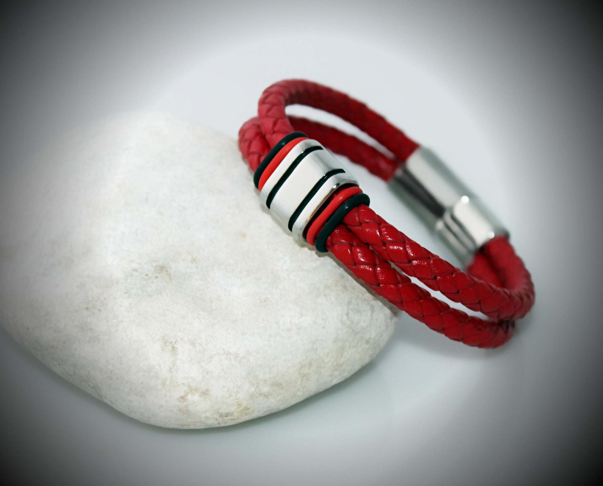 Red Multi Layer Leather & Steel Bracelet - Customisable