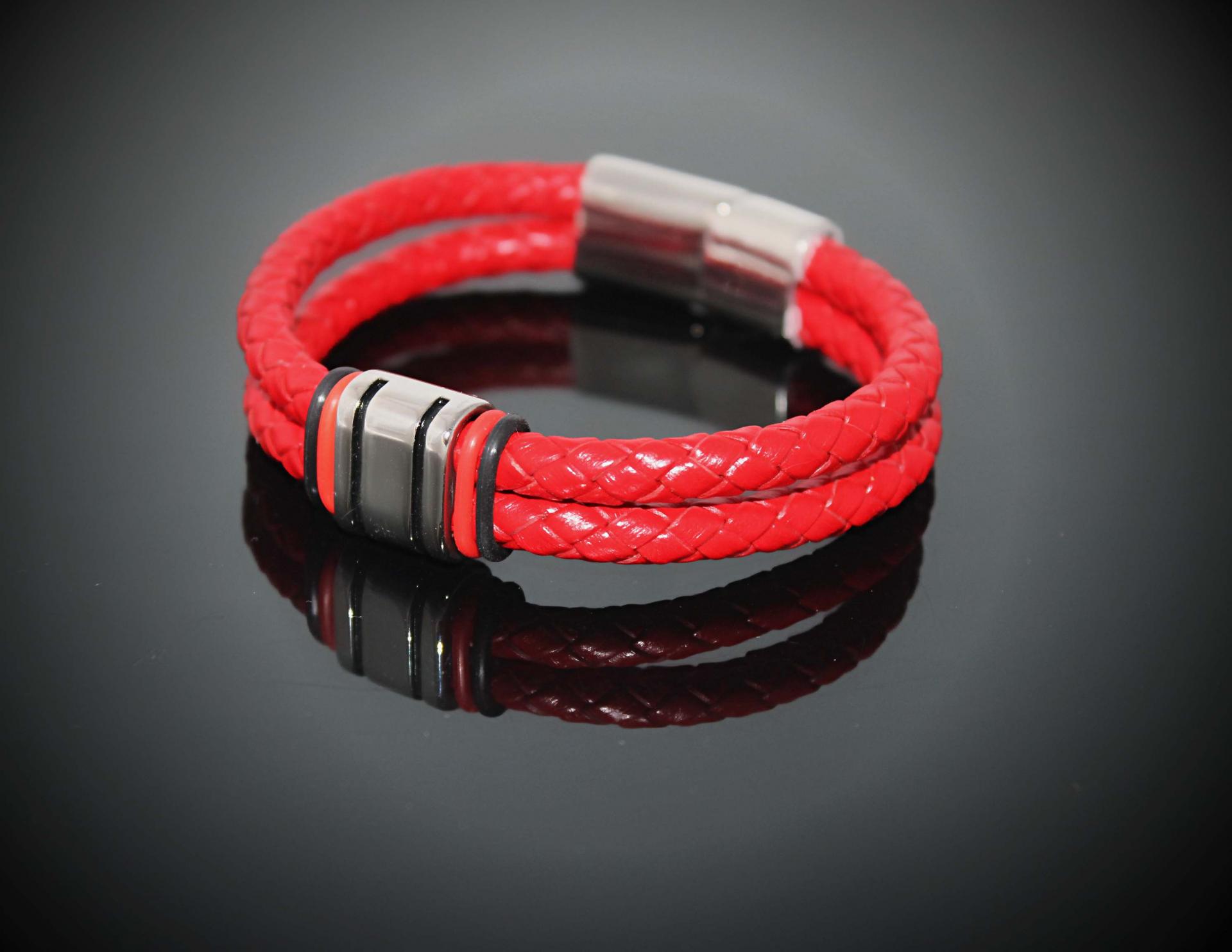 Red Multi Layer Leather & Steel Bracelet - Customisable