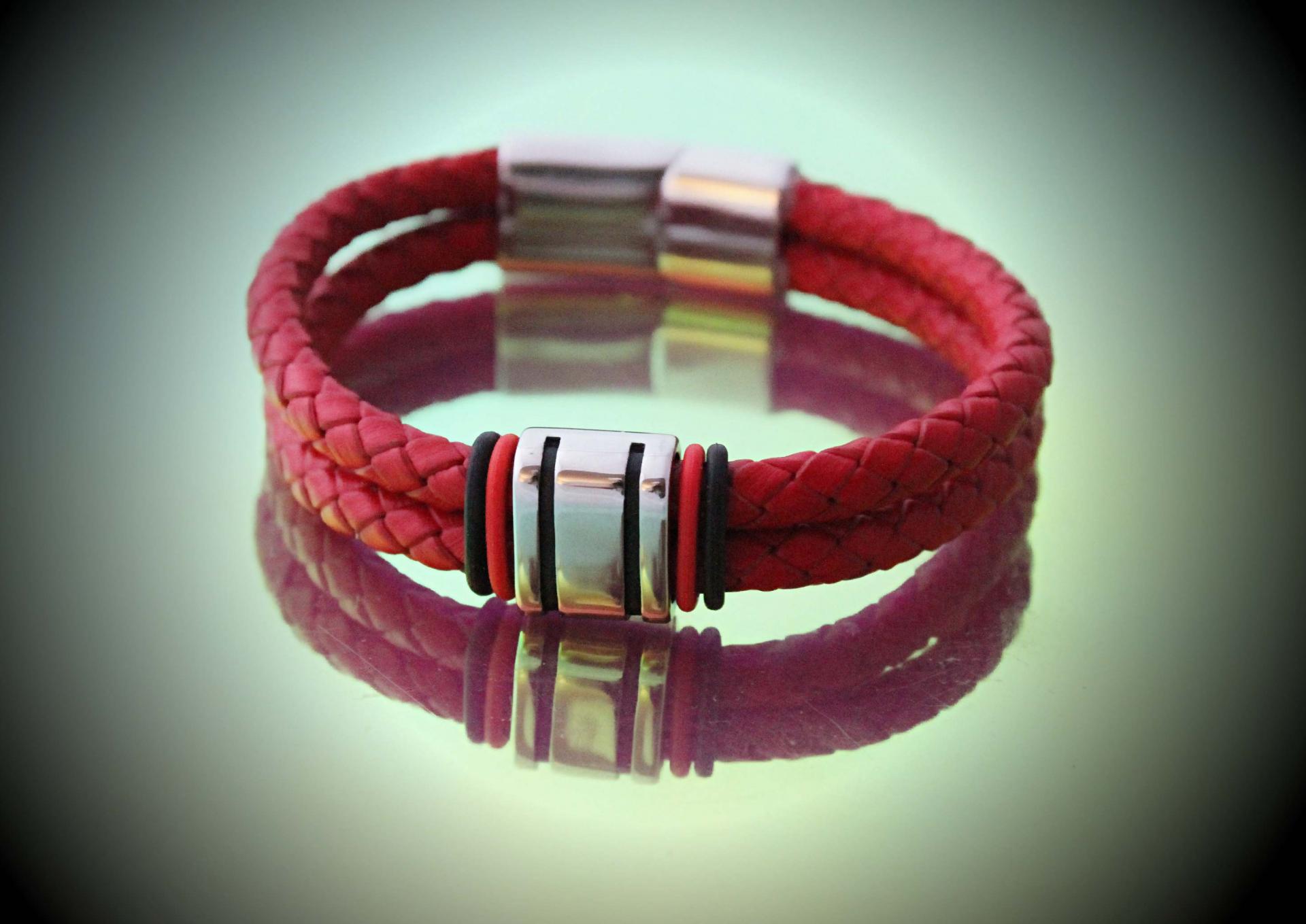 Red Multi Layer Leather & Steel Bracelet - Customisable