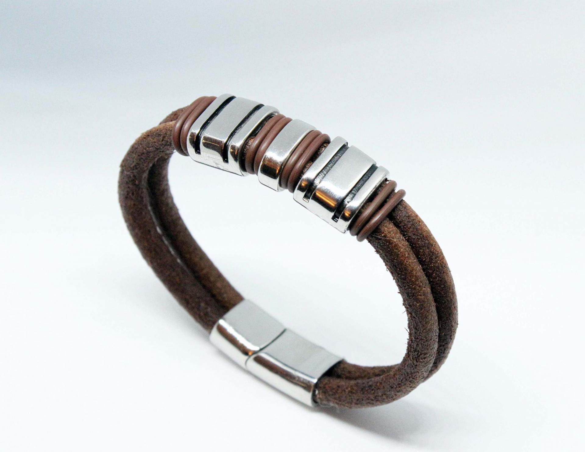 Rustic Tan Contemporary Double Layer Leather & Steel Bracelet - Customisable