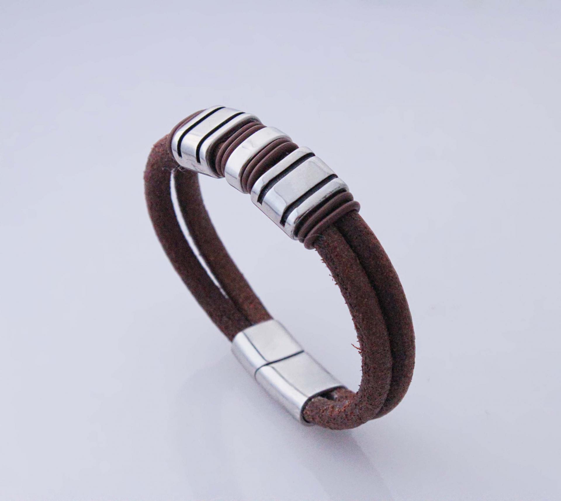 Rustic Tan Contemporary Double Layer Leather & Steel Bracelet - Customisable