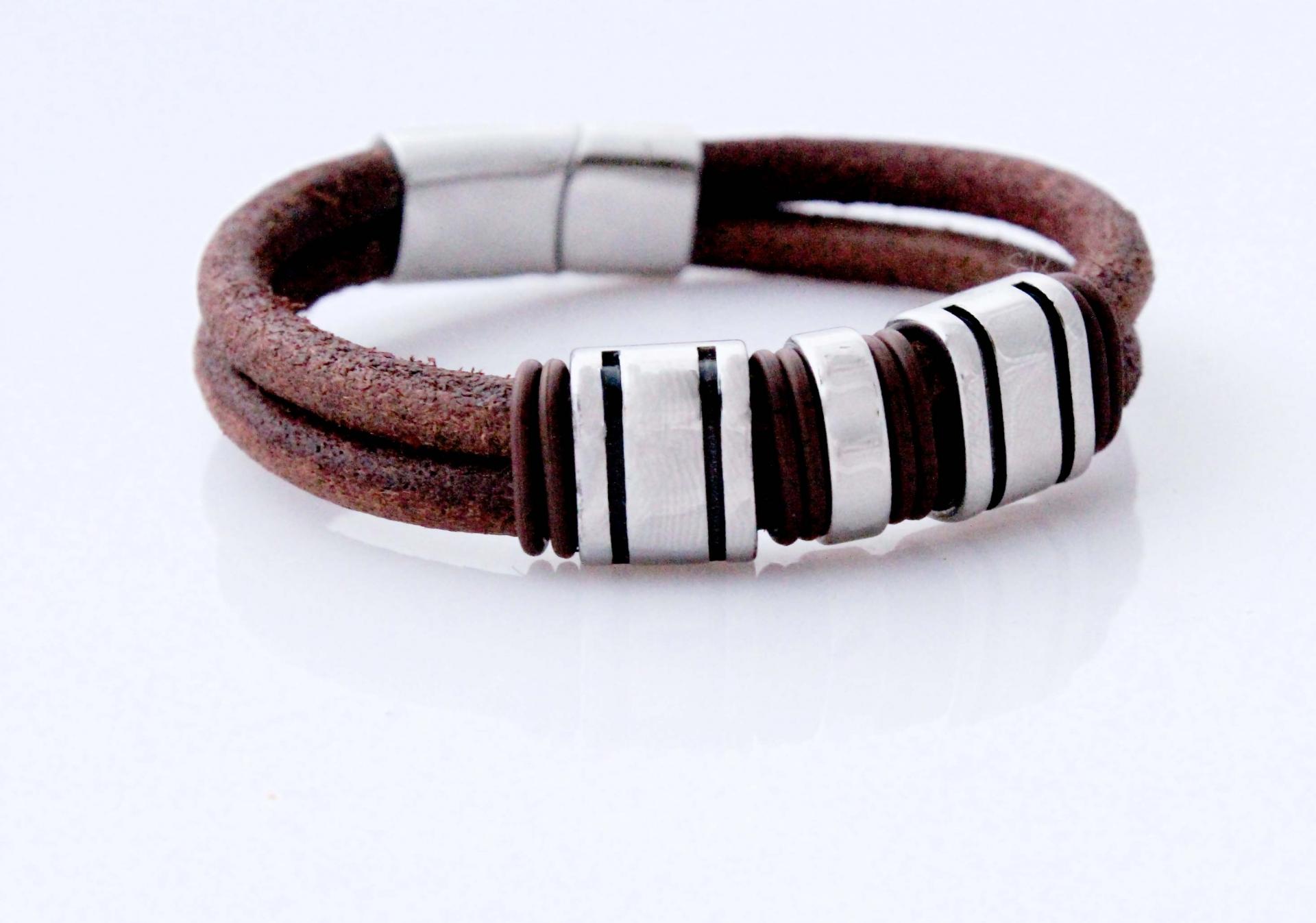 Rustic Tan Contemporary Double Layer Leather & Steel Bracelet - Customisable
