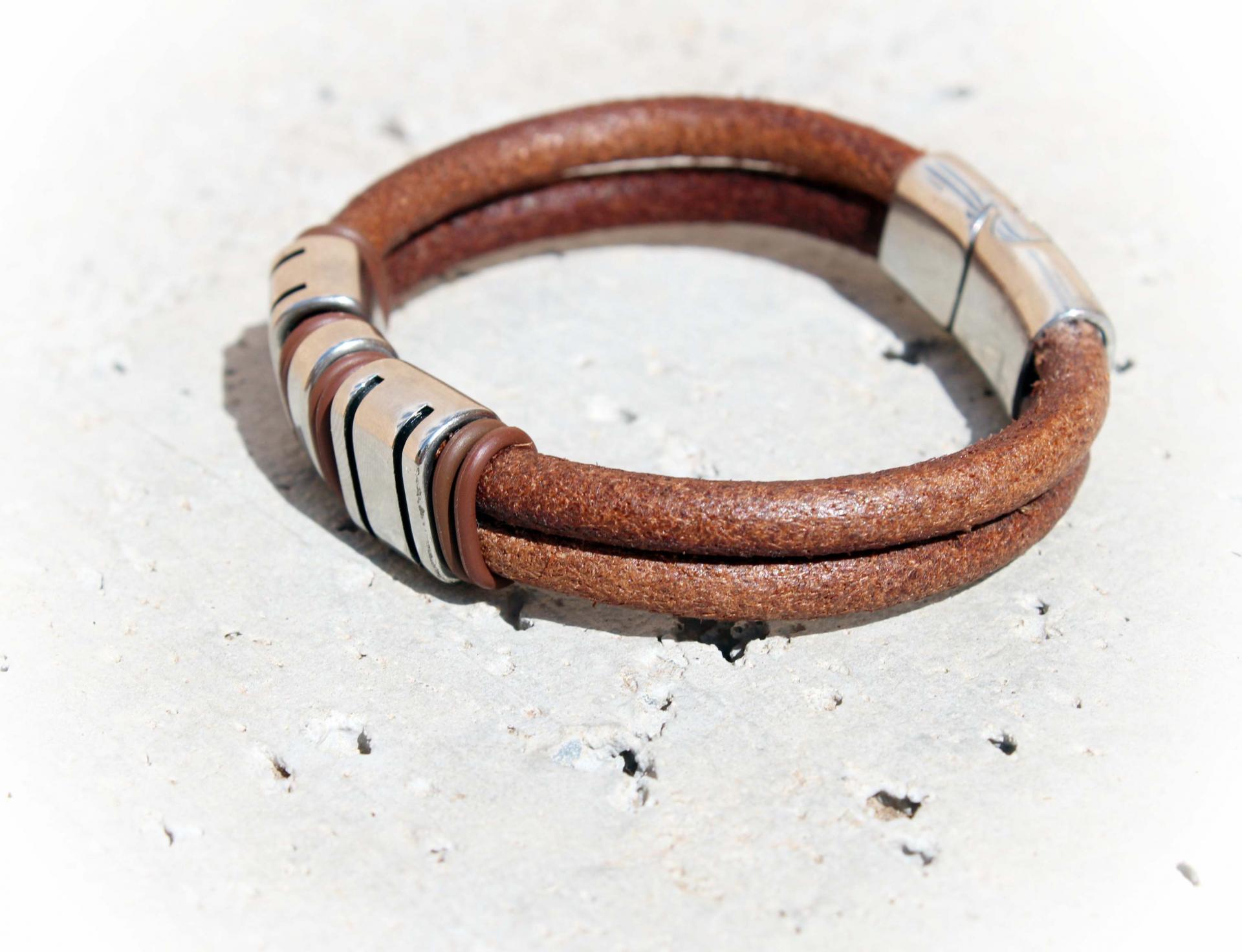 Rustic Tan Contemporary Double Layer Leather & Steel Bracelet - Customisable