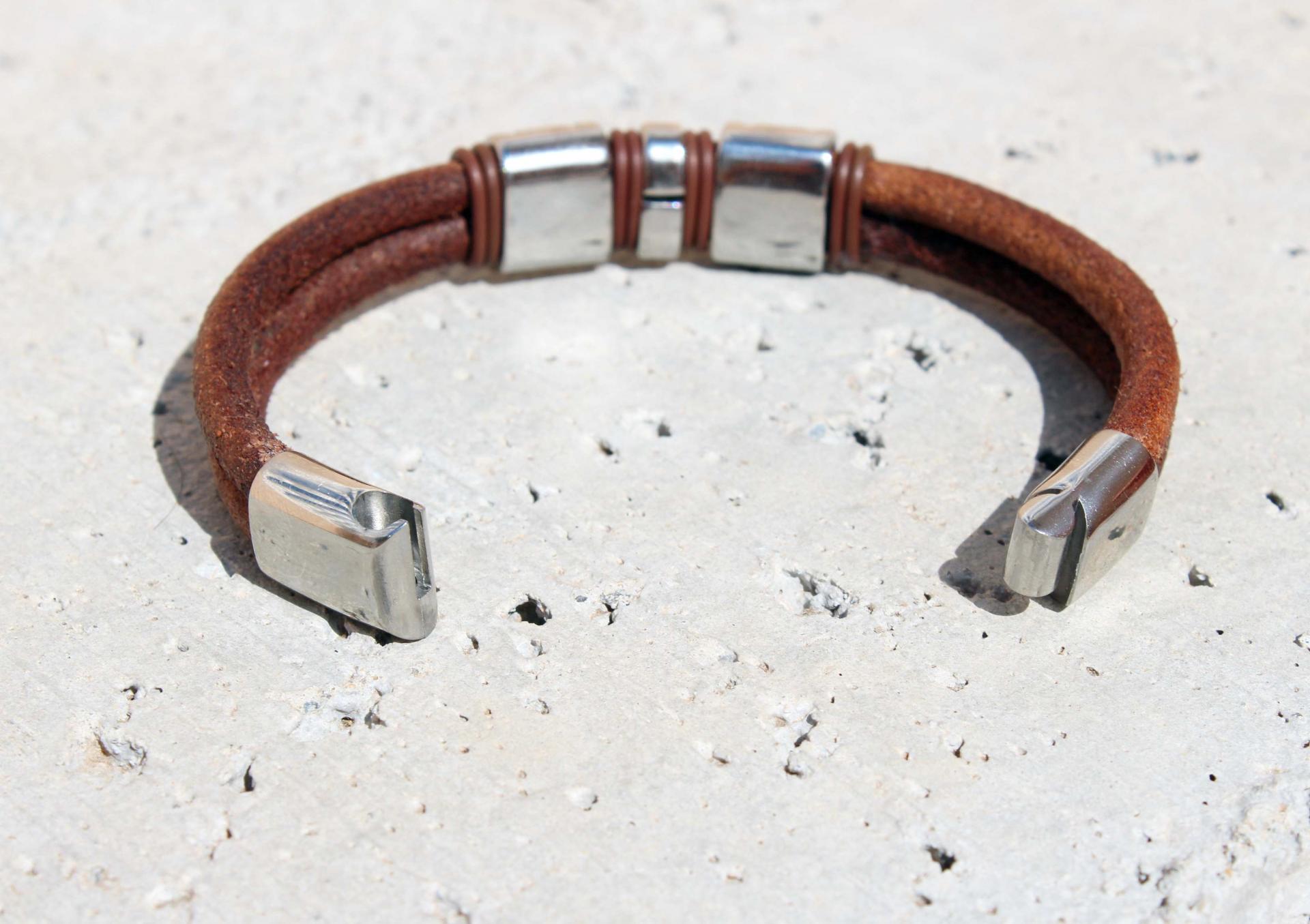 Rustic Tan Contemporary Double Layer Leather & Steel Bracelet - Customisable