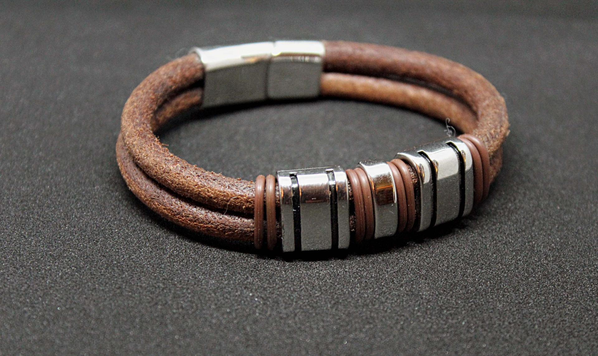 Rustic Tan Contemporary Double Layer Leather & Steel Bracelet - Customisable