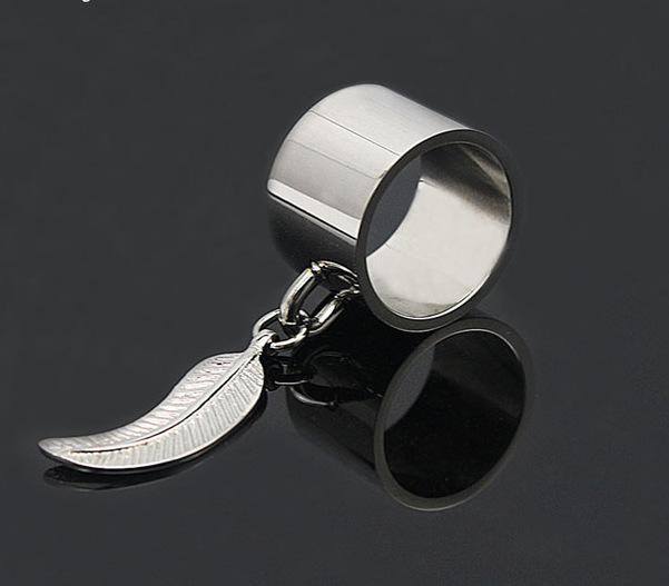 Stainless Steel Ring With Leaf Dangle Charm
