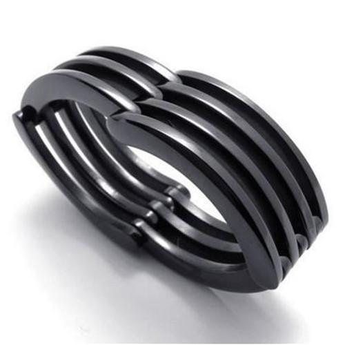 Geometric Slat Design Unisex Black Steel Ring