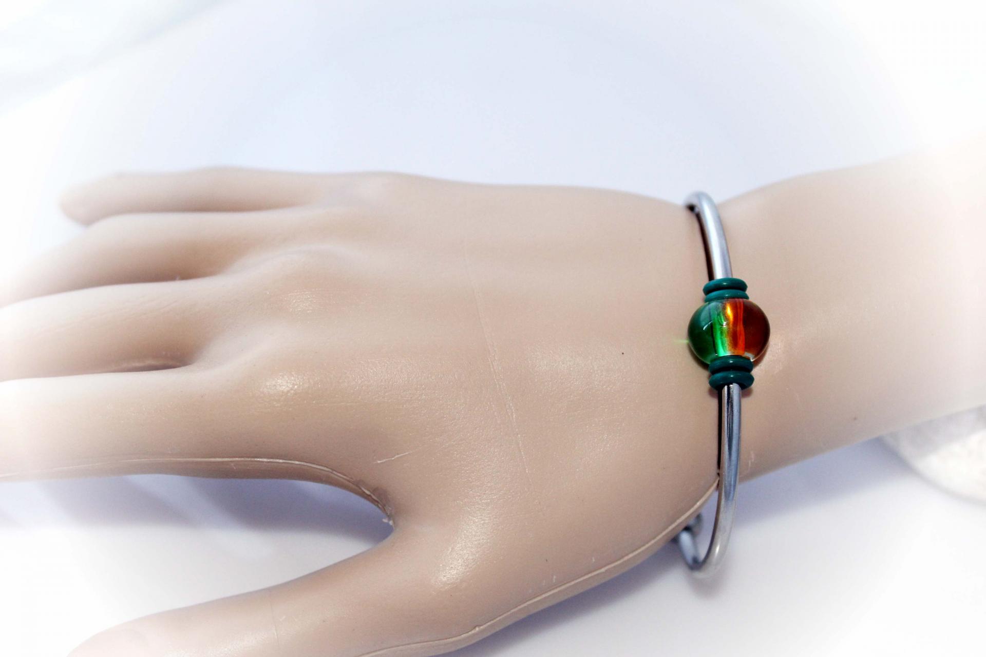 Torque Bangle With Colourful Glass Bead - Stainless Steel