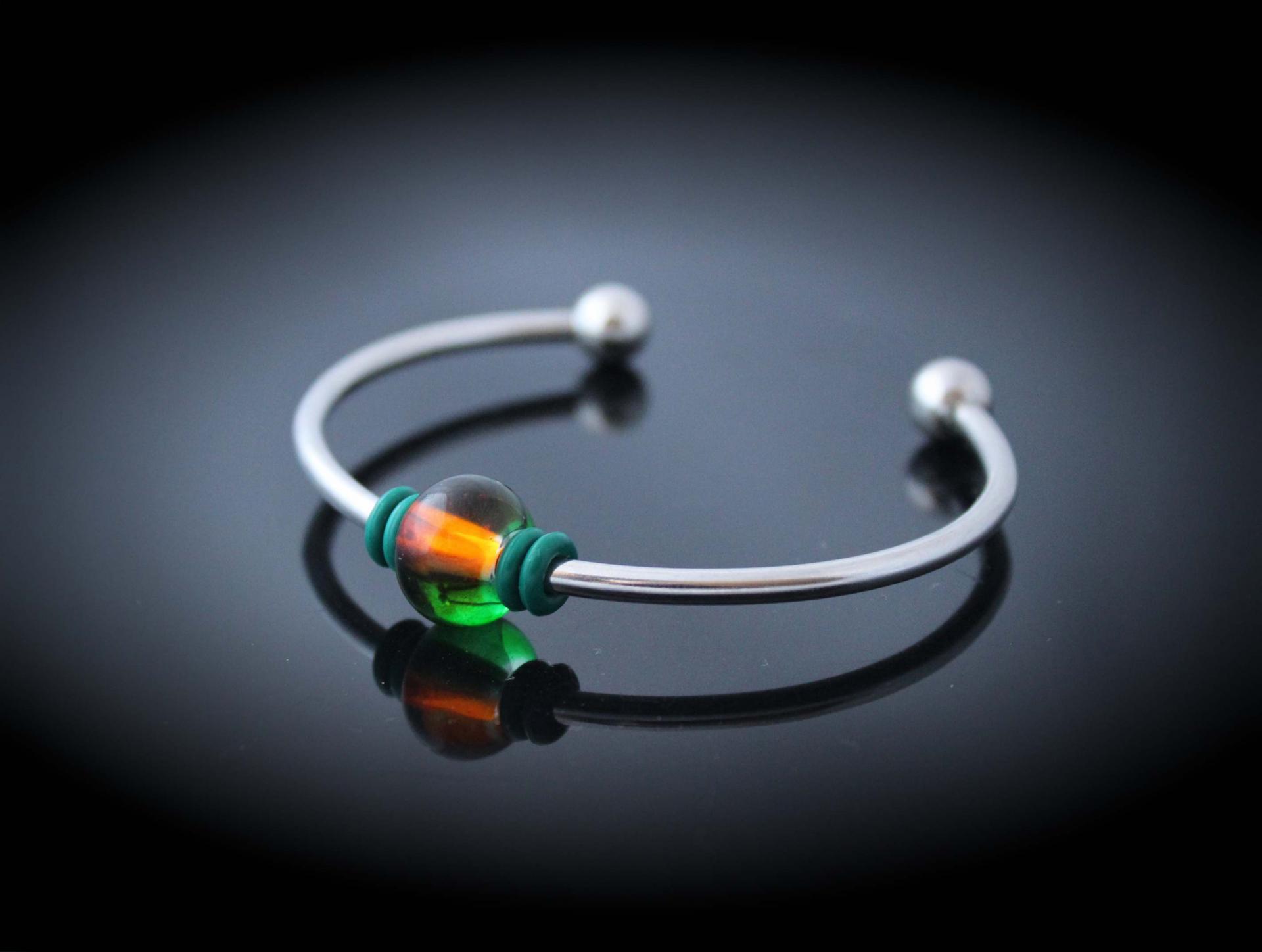 Torque Bangle With Colourful Glass Bead - Stainless Steel