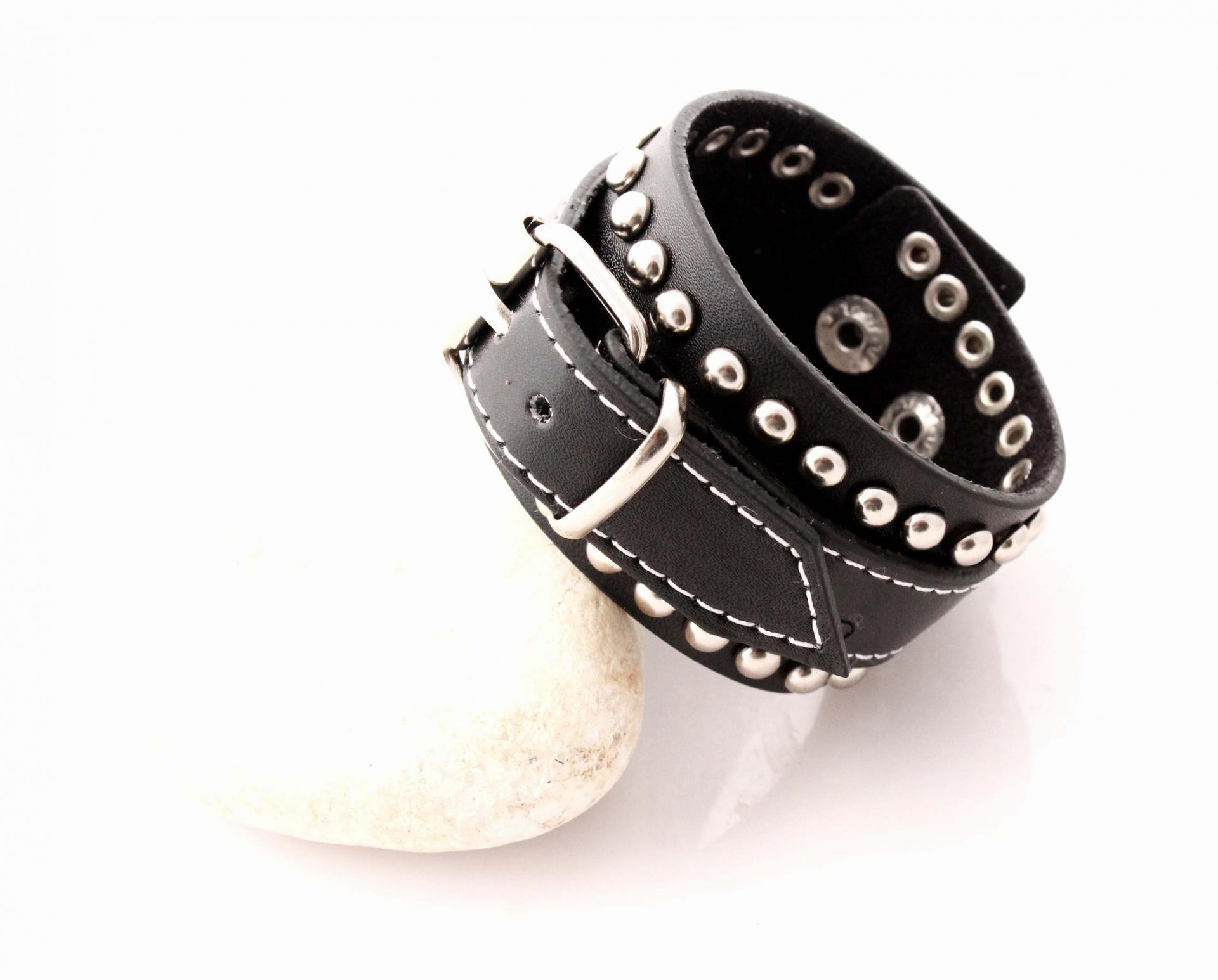 Wide Cuff Multi Stud Buckle Adjustable Leather Bracelet  