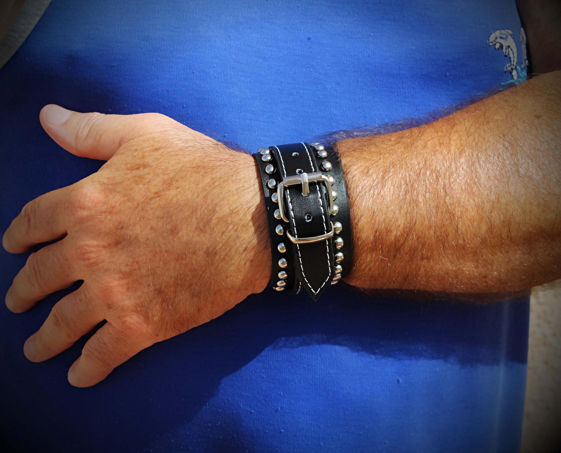 Wide Cuff Multi Stud Buckle Adjustable Leather Bracelet