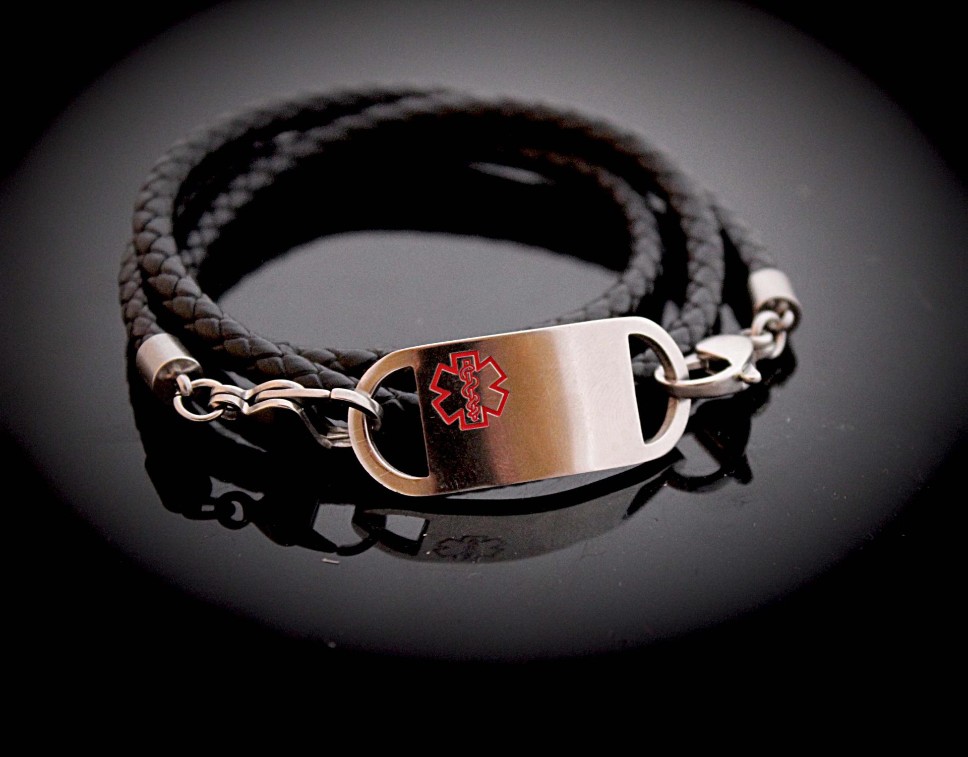 Medical Alert ID Tag Wrap Around Leather Bracelet