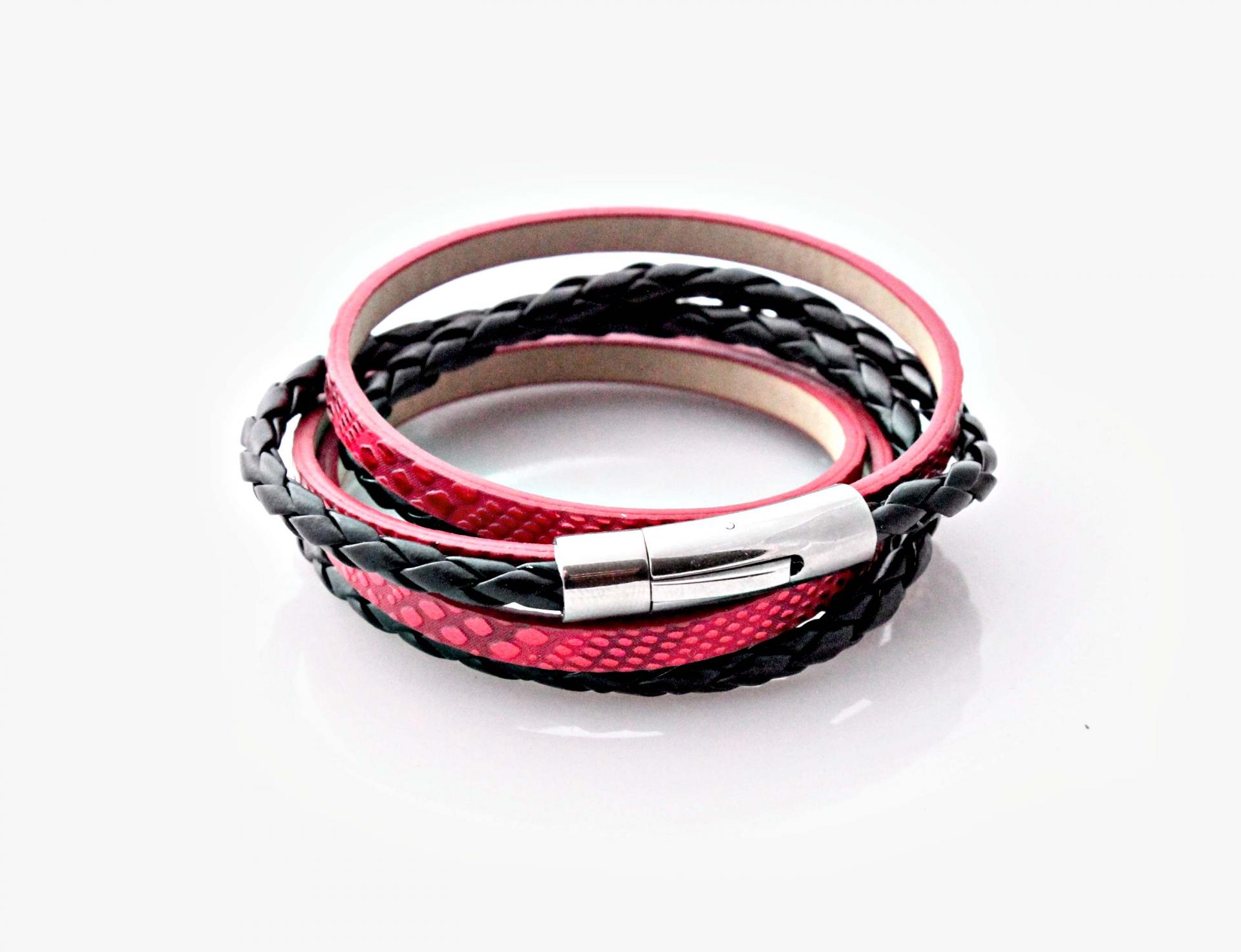 Wraparound Double Layer Bracelet in a Rebellious Red Snakeskin leather