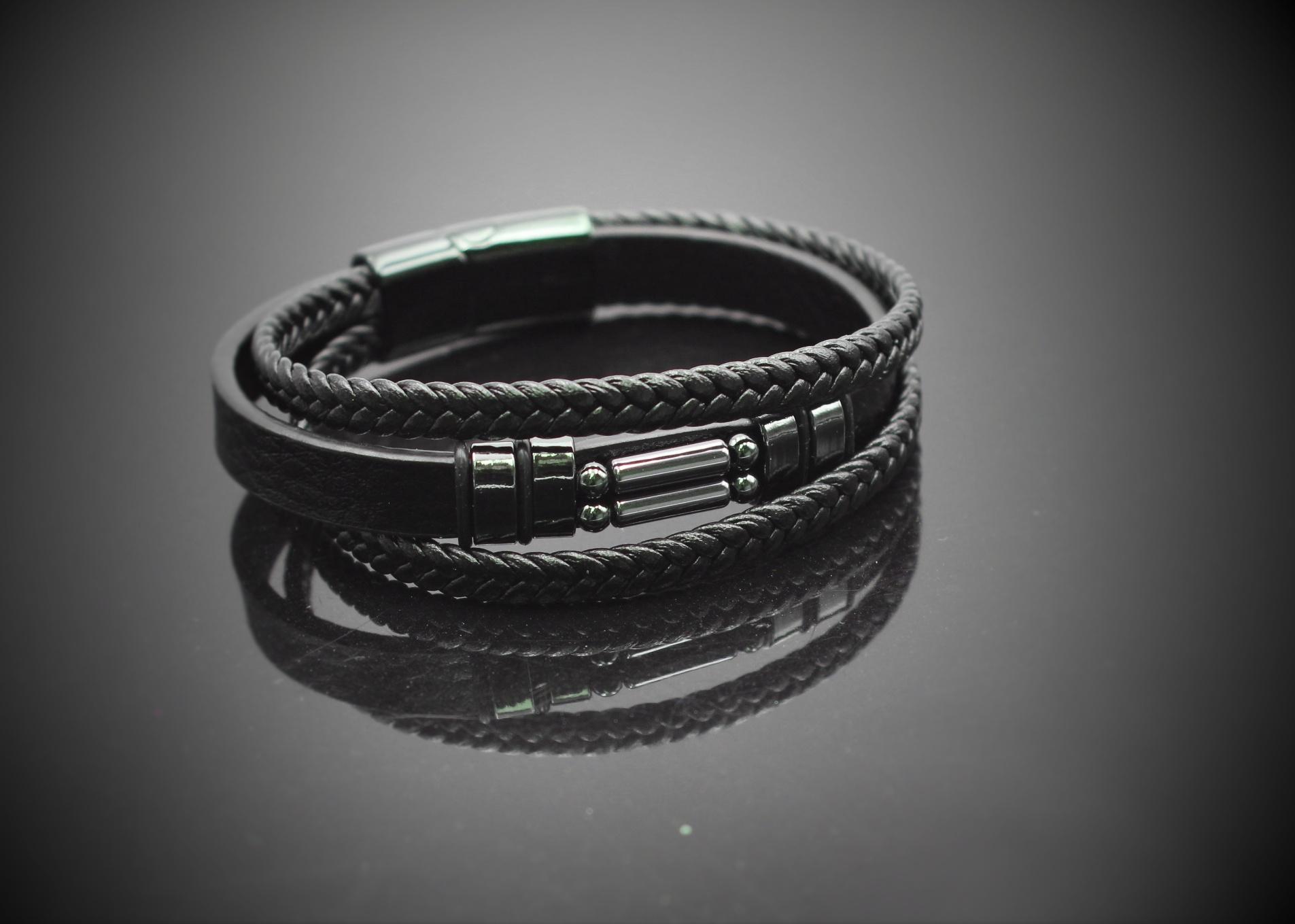 Multilayer Leather Bracelet with Hematite Stone