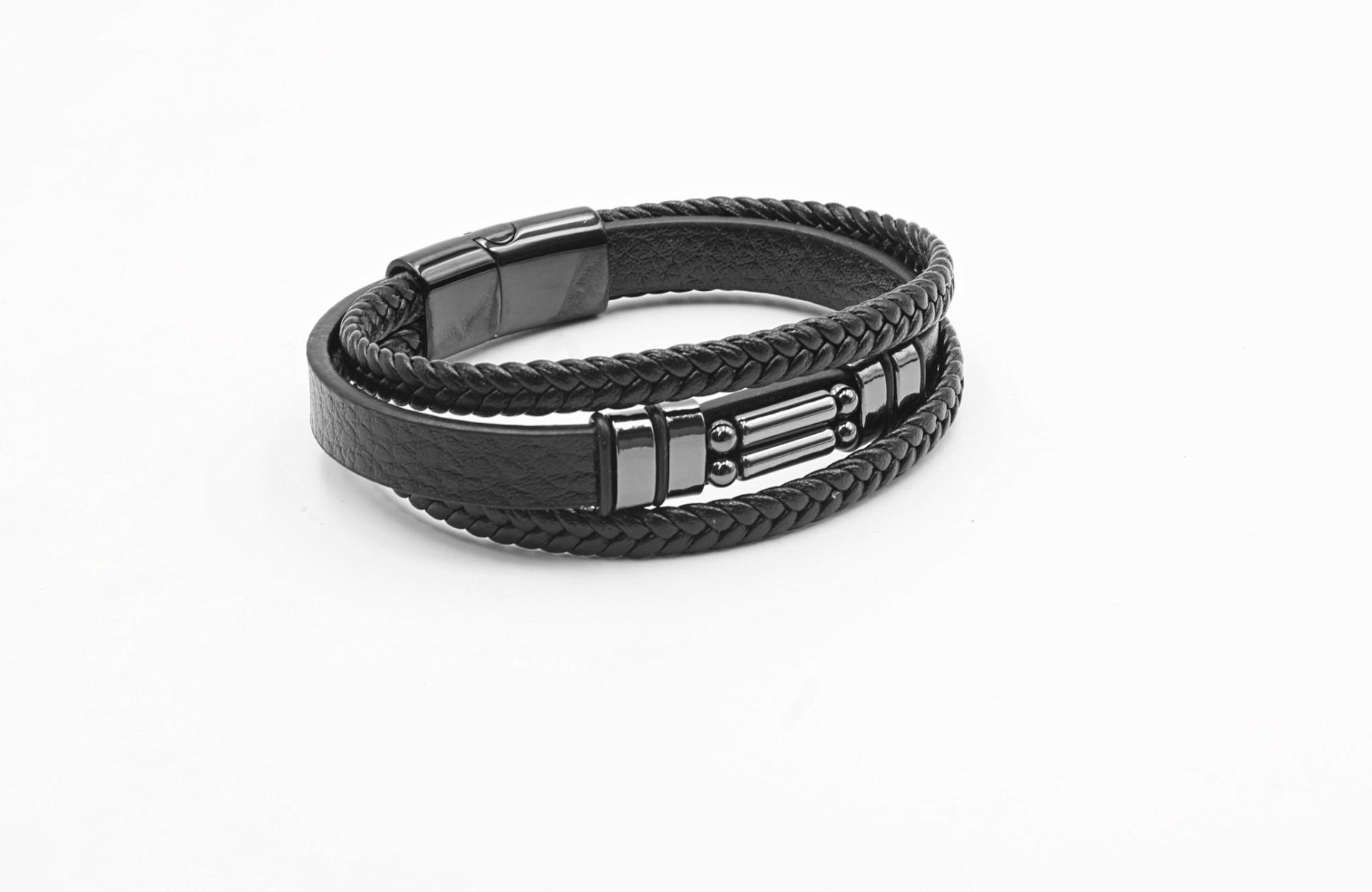 Multilayer Leather Bracelet with Hematite Stone