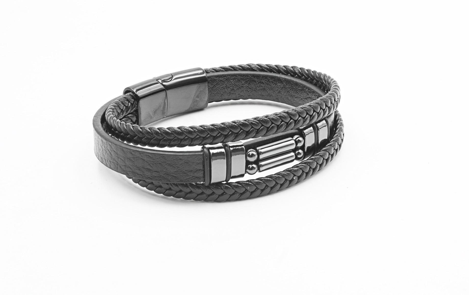 Multilayer Leather Bracelet with Hematite Stone