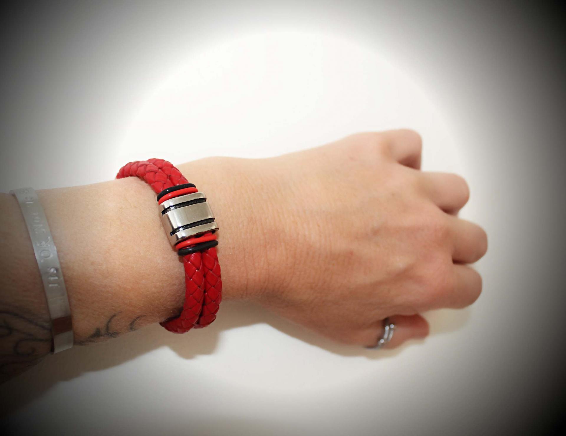 Red multi Layer Leather & Steel Bracelet - Customisable