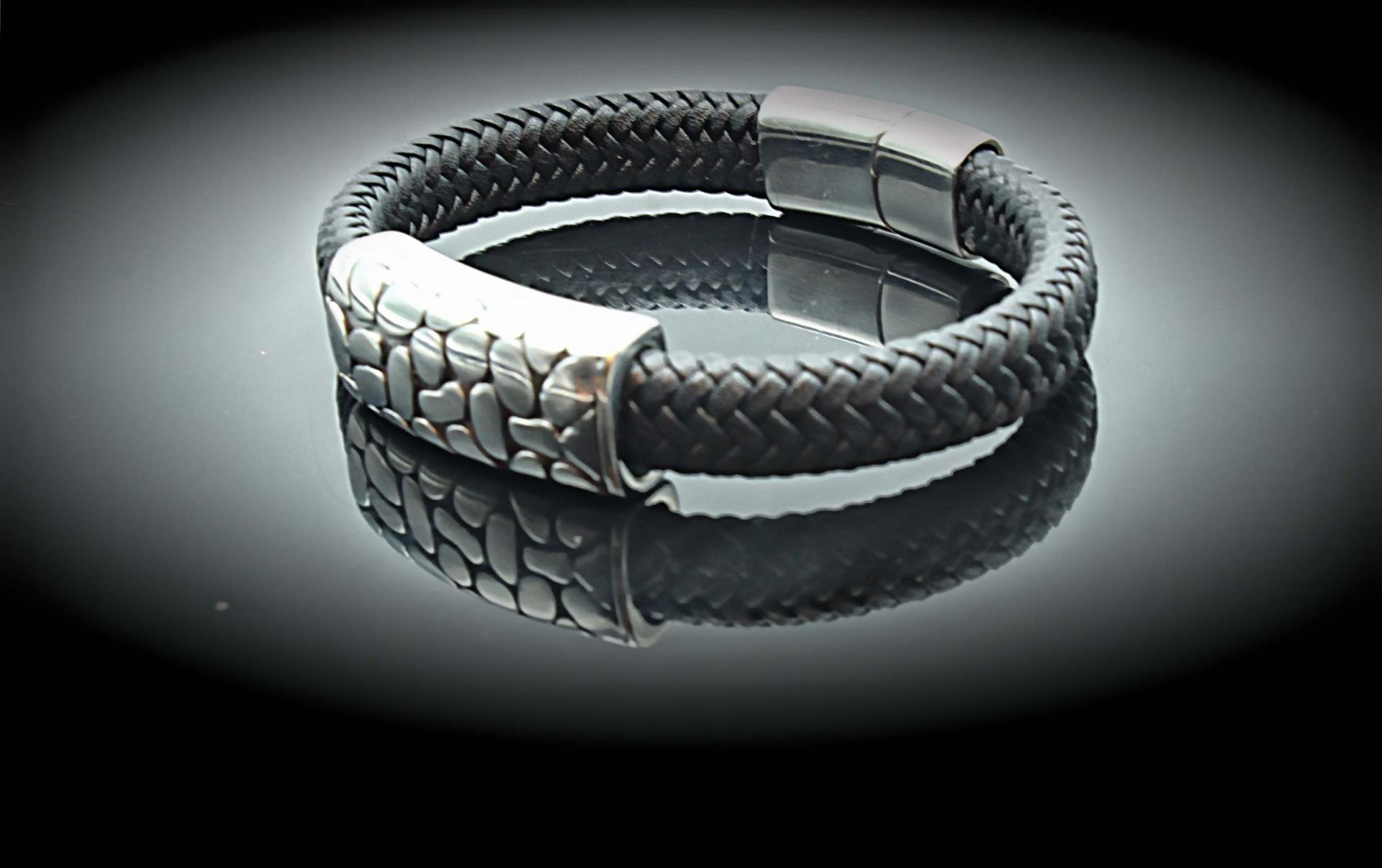 Wide Braid Leather Bracelet with Crocodile Effect Design