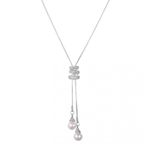 Double Pearl and Crystal Long Necklace