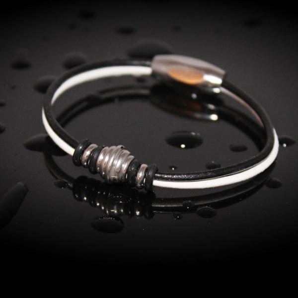 Black and White Leather & Stainless Steel Bracelet