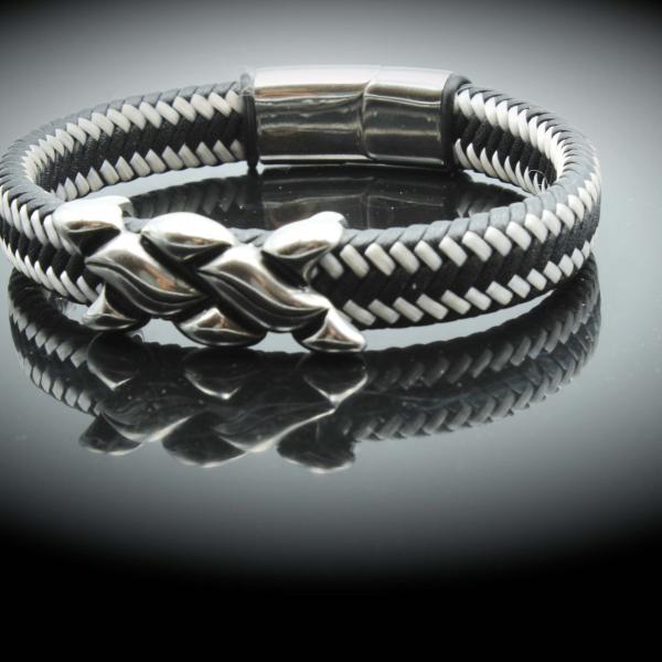 Wide Braid Black & White Leather Bracelet Interwoven Design