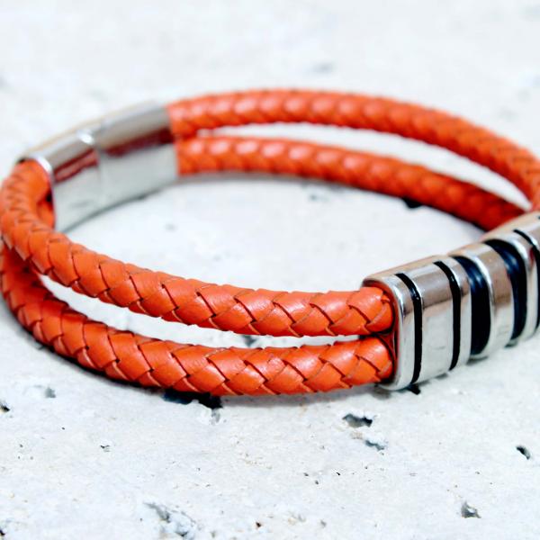 Orange Spice Multi Layer Leather & Steel Bracelet - Customisable