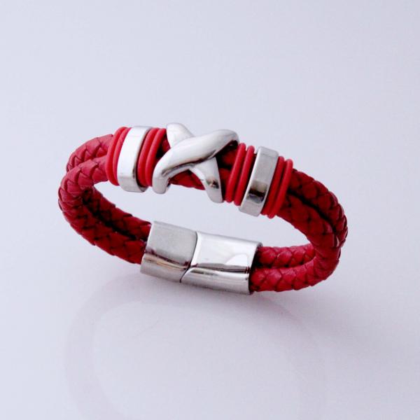 Red Double Layer Leather & Steel Bracelet - Customisable