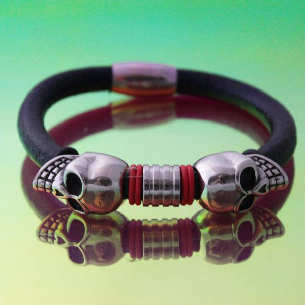 Double Skull Leather & Steel Bracelet - Customisable!!