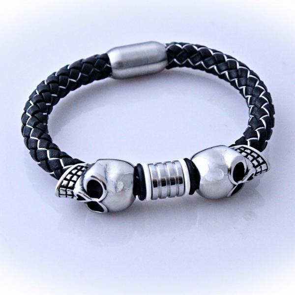 Double Skull Silk  Leather & Steel Bracelet - Customise!