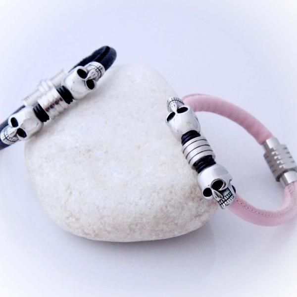 Double Skull  sheepskin Leather & Steel Bracelet - Petite Design - Customisable!