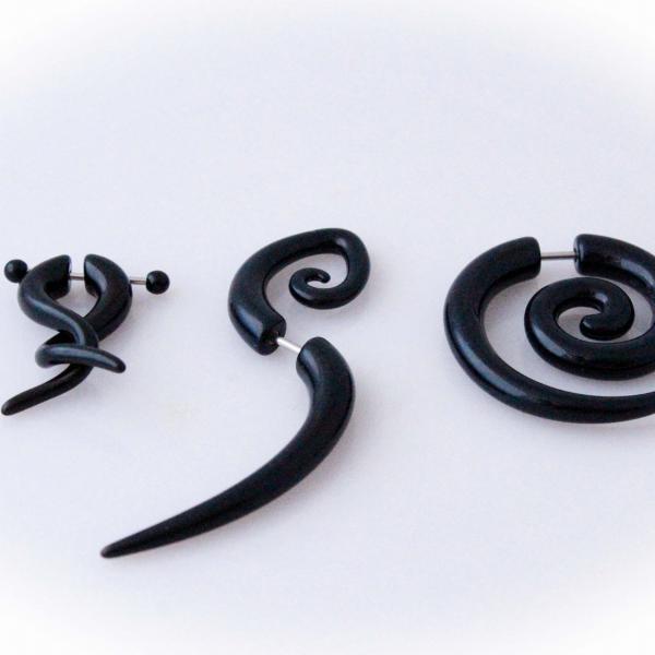 Fake Illusion Spiral Ear Taper -Black Acrylic - 3 Tribal Styles