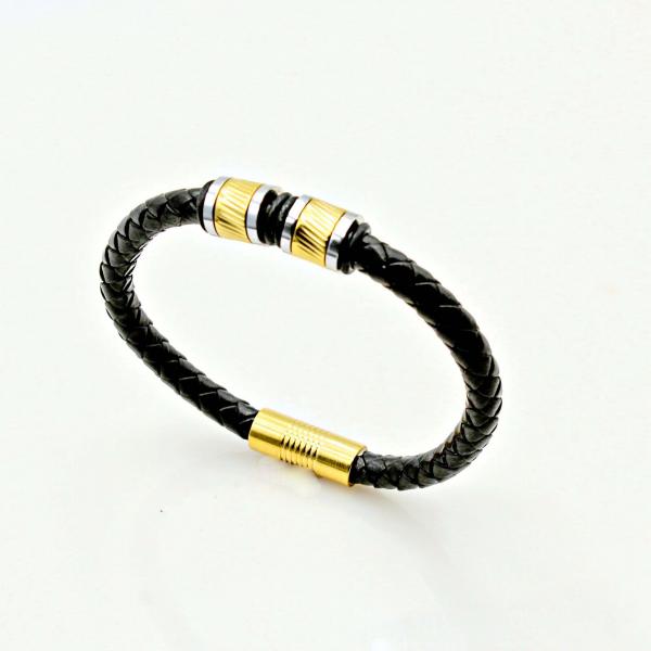 Gold Polished Stripe Bead Leather Bracelet