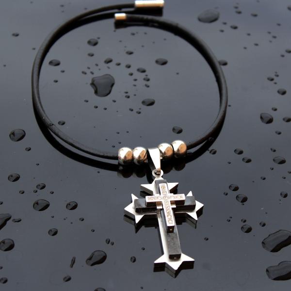 Black and Silver Crystal Cross On Genuine Leather Round Cord - Heavy Dramatic Pi