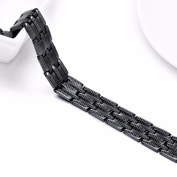 Mens Black Steel Bracelet  - Greek Key Design