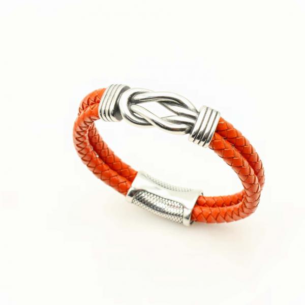 Knotted Design Stainless Steel & Leather Bracelet -