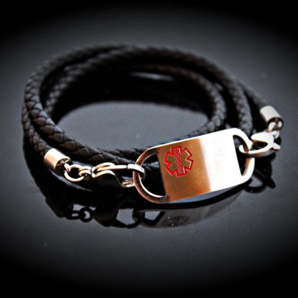 Medical Alert ID Tag Wrap Around Leather Bracelet