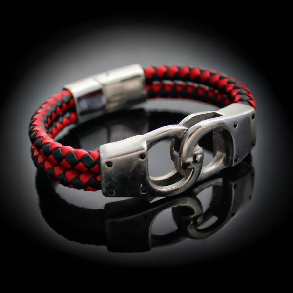 Handcuff Design Leather & Steel Red & Black Bracelet.