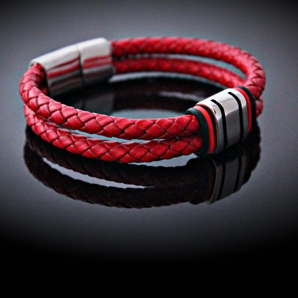 Red Multi Layer Leather & Steel Bracelet - Customisable