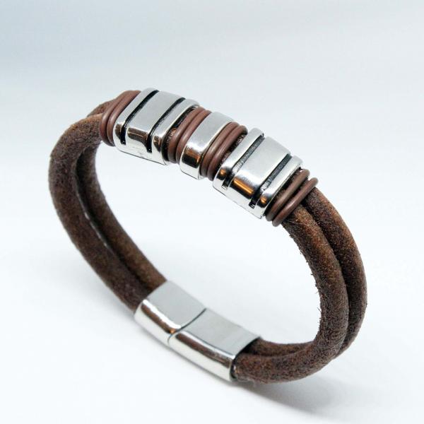 Rustic Tan Contemporary Double Layer Leather & Steel Bracelet - Customisable